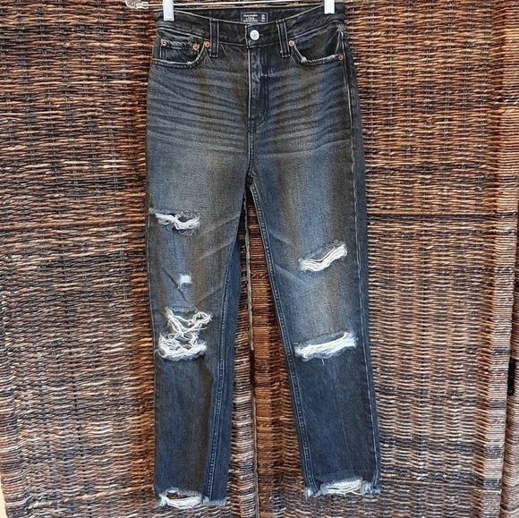 Abercrombie & Fitch Women's Jeans Annie Girlfriend 24 00 Ripped High Rise Black - Picture 1 of 7